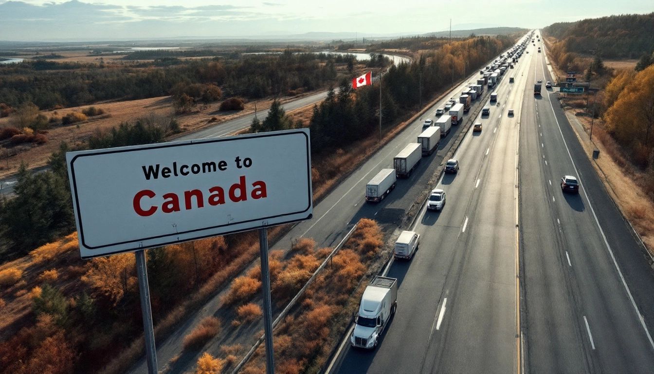 Trucks crossing the US-Canada border.