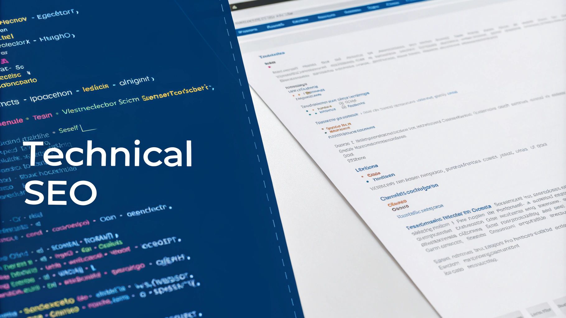 Technical SEO elements illustrated with a website's code and structure.