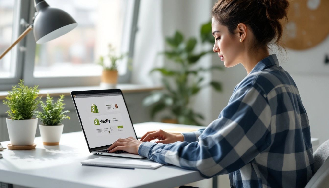 Image of a person using a laptop with the Shopify dashboard in front of them