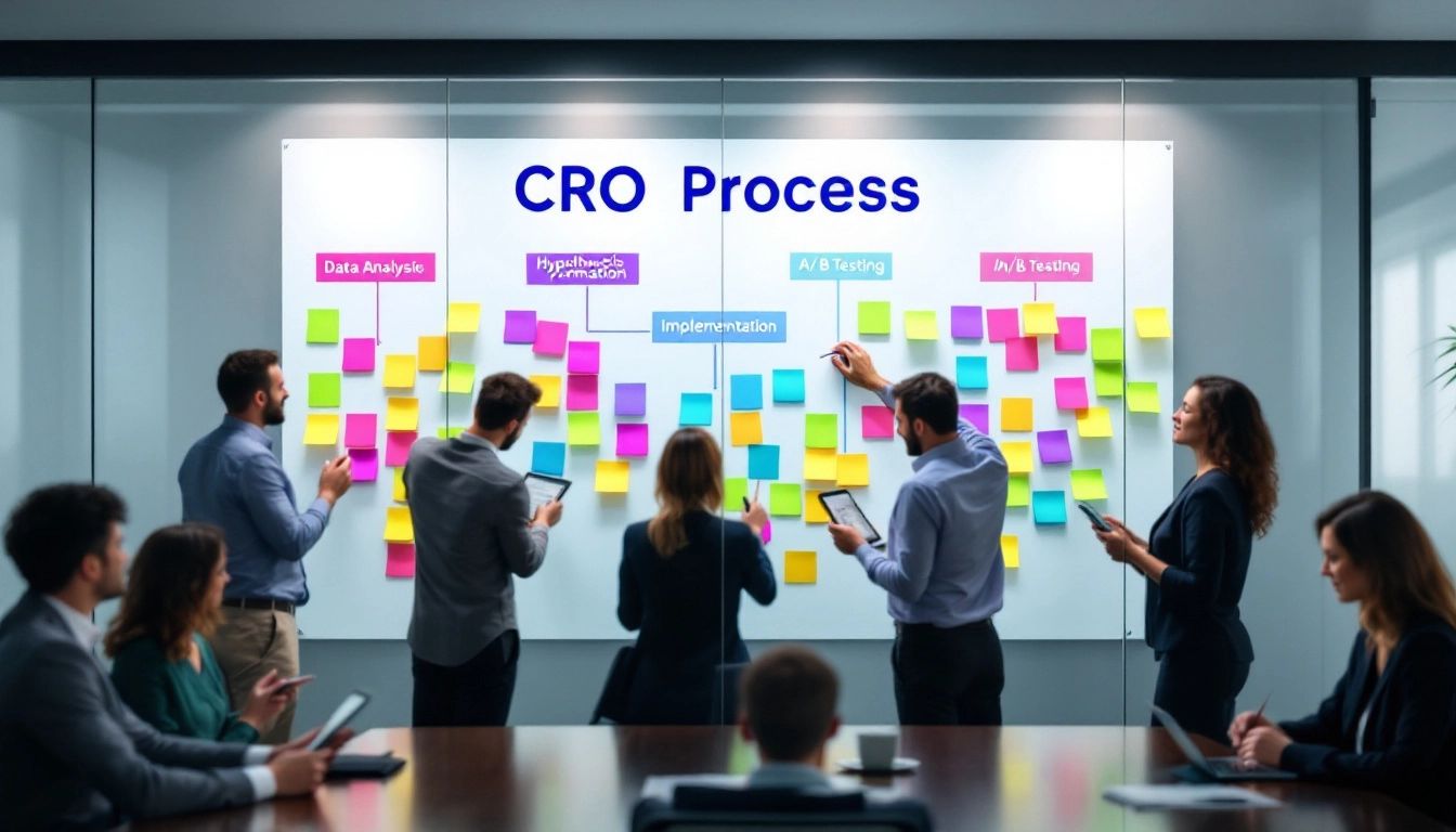 Image of magnifying glass over a website layout with key metrics highlighted representing the analysis phase of CRO