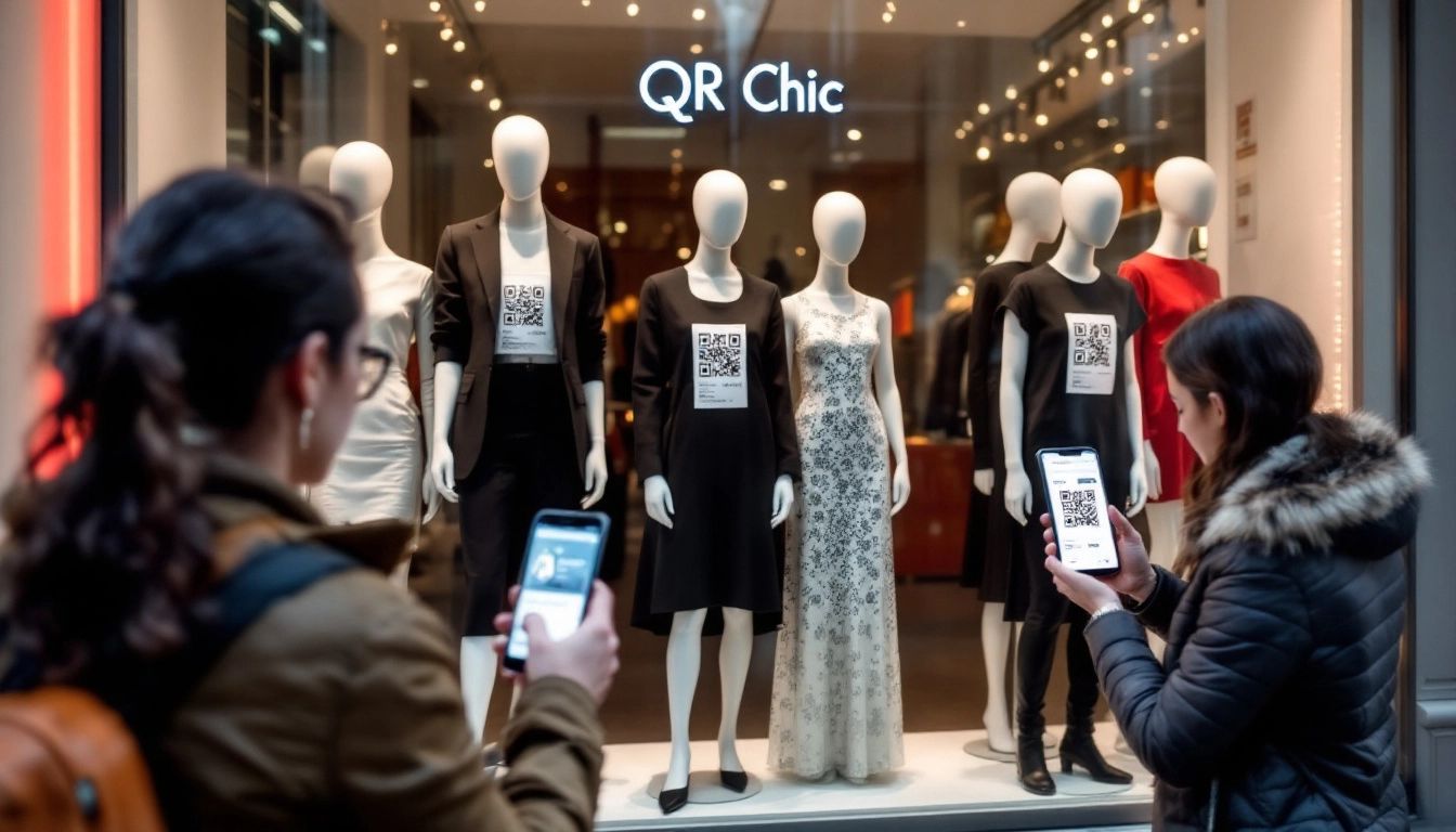 People shopping in a retail store, with a focus on a QR code in the foreground.