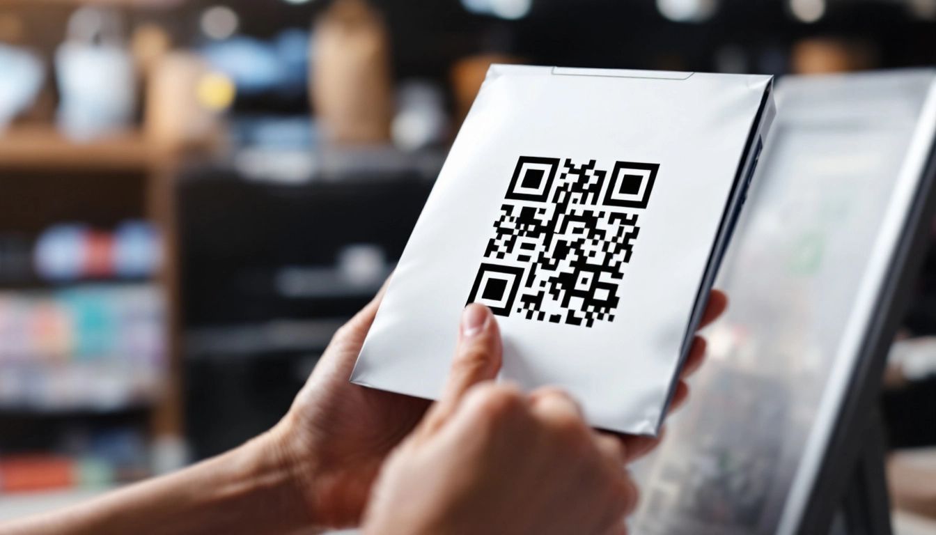 A graphic showing how a QR code is scanned using a mobile phone.