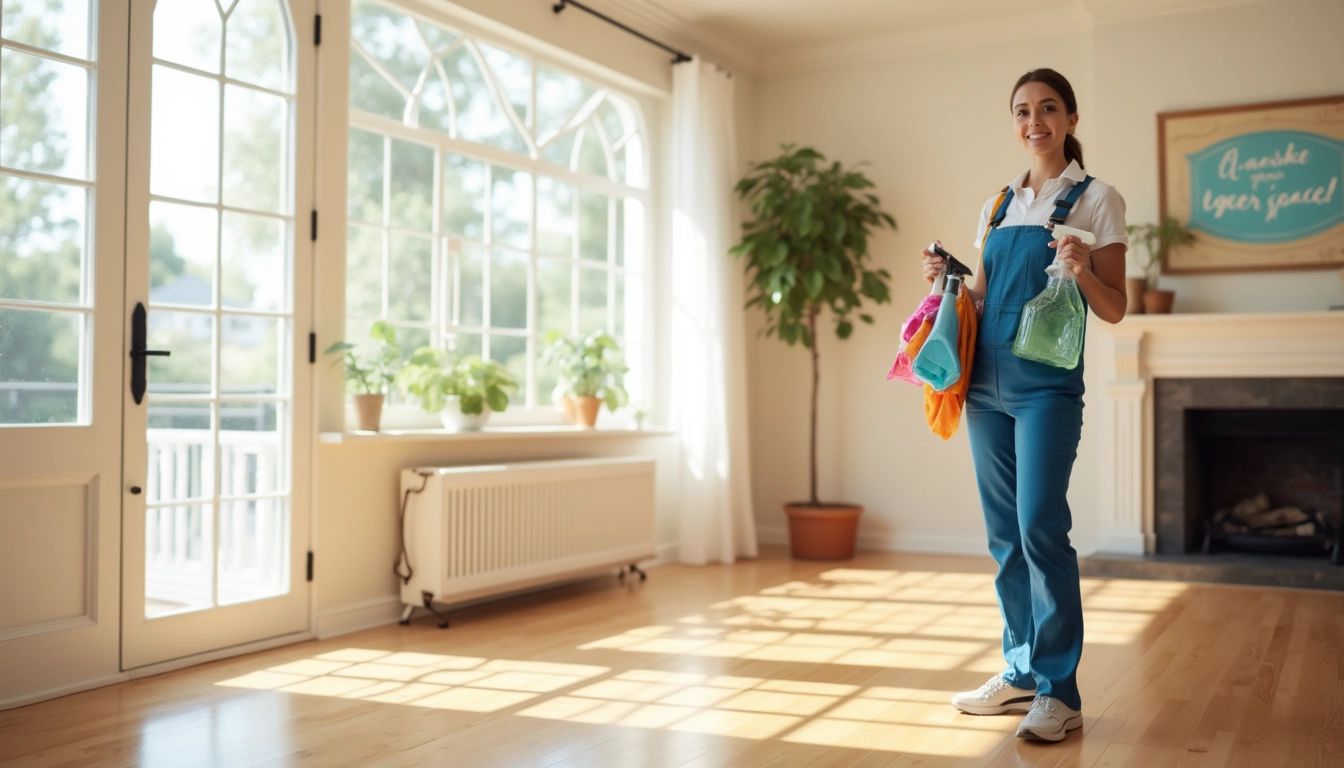 Professional cleaners transforming a living room